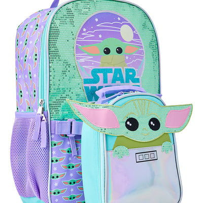 Star Wars Mandalorian Baby Yoda Girls 17" Laptop Backpack 2-Piece Set with Lunch Tote Bag, Purple