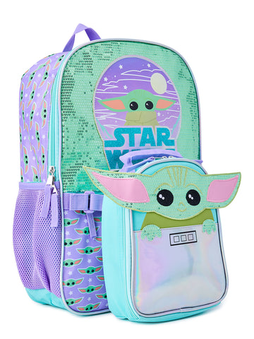 Star Wars Mandalorian Baby Yoda Girls 17" Laptop Backpack 2-Piece Set with Lunch Tote Bag, Purple